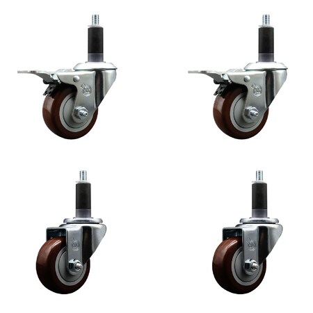 Service Caster 3'' SS Maroon Poly Swivel 1-1/8'' Expanding Stem Caster Set 2 Total Lock Brakes, 4PK SCC-SSEXTTL20S314-PPUB-MRN-2-S-2-118